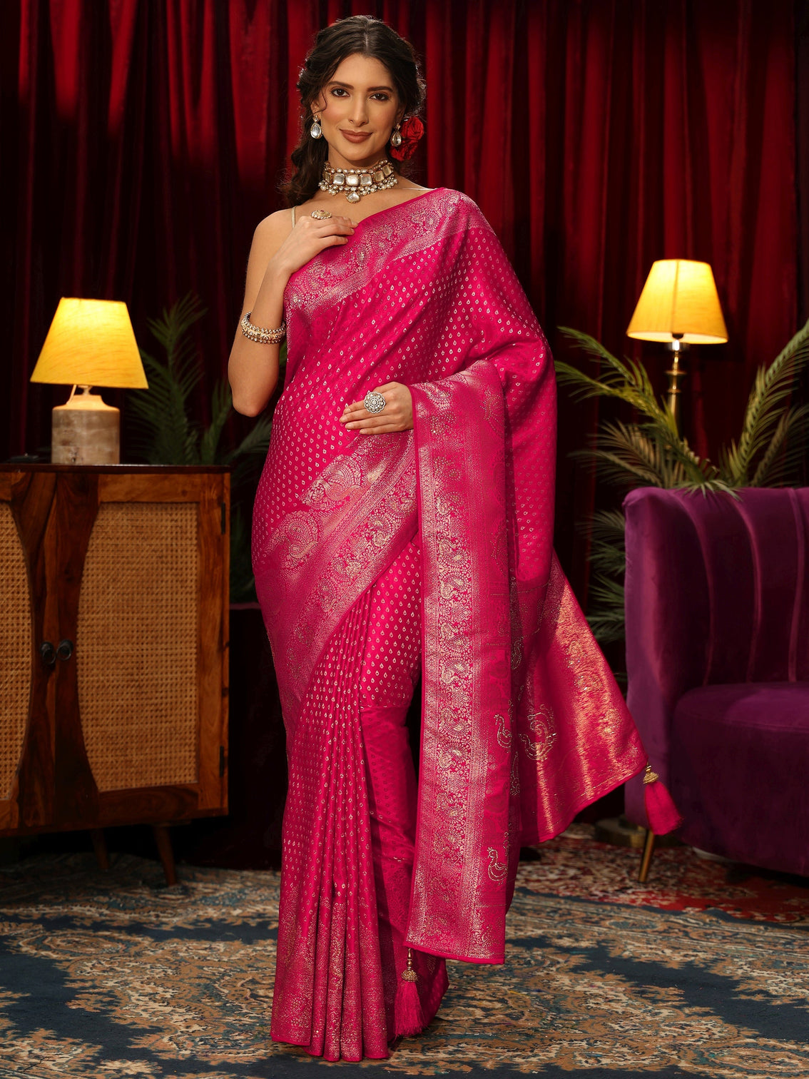 Mameraa Rani Pink Woven Design Silk Blend Saree