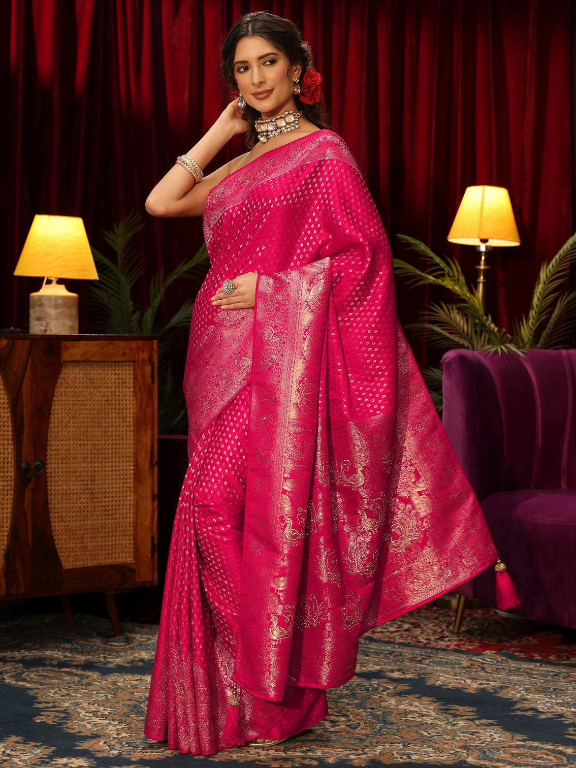 Mameraa Rani Pink Woven Design Silk Blend Saree