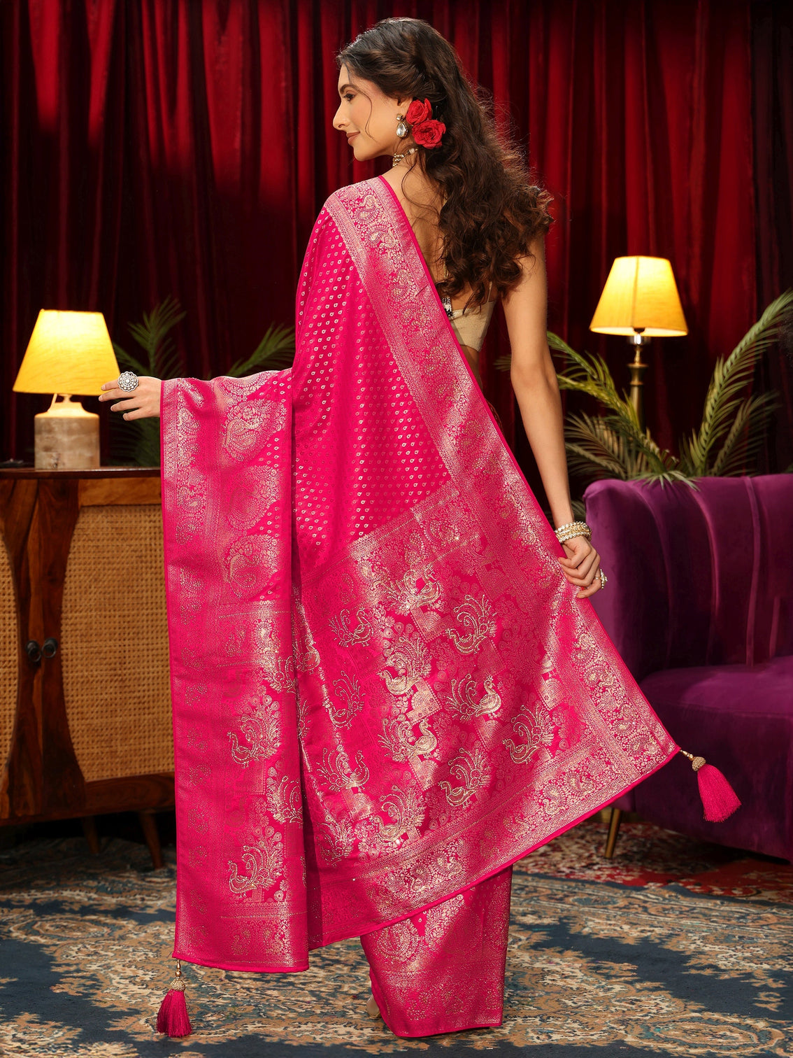 Mameraa Rani Pink Woven Design Silk Blend Saree