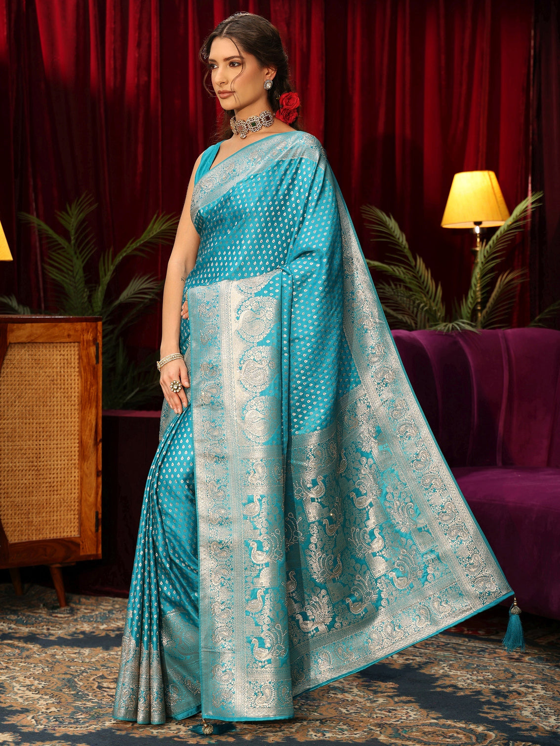 Mameraa Turquoise Blue Woven Design Silk Blend Saree