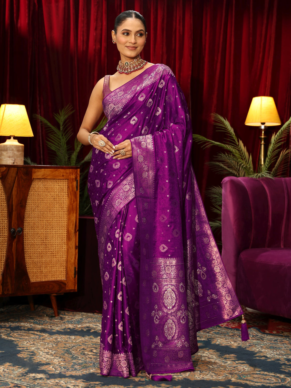 Mameraa Royal Purple Woven Design Silk Blend Saree