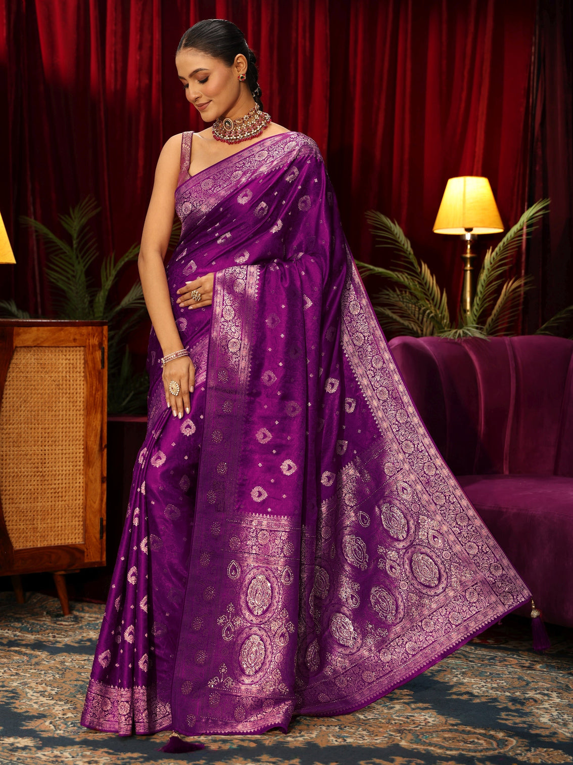 Mameraa Royal Purple Woven Design Silk Blend Saree