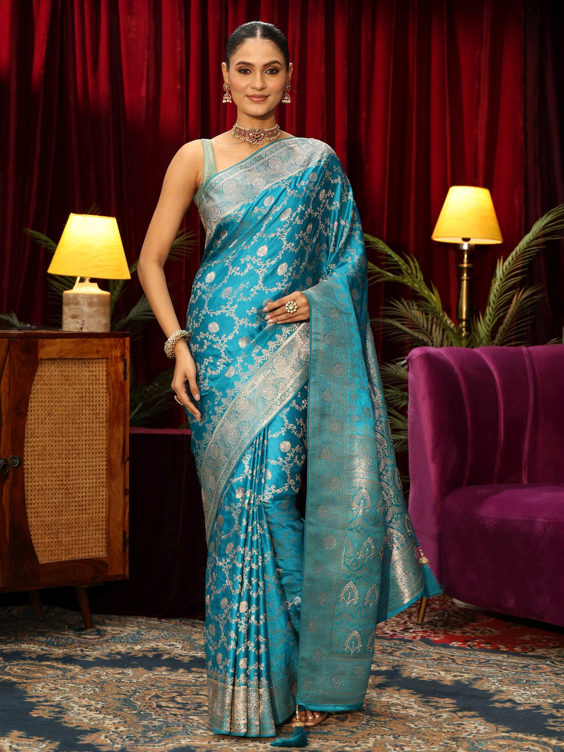 Mameraa Turquoise Blue Banarasi Silk Blend Saree