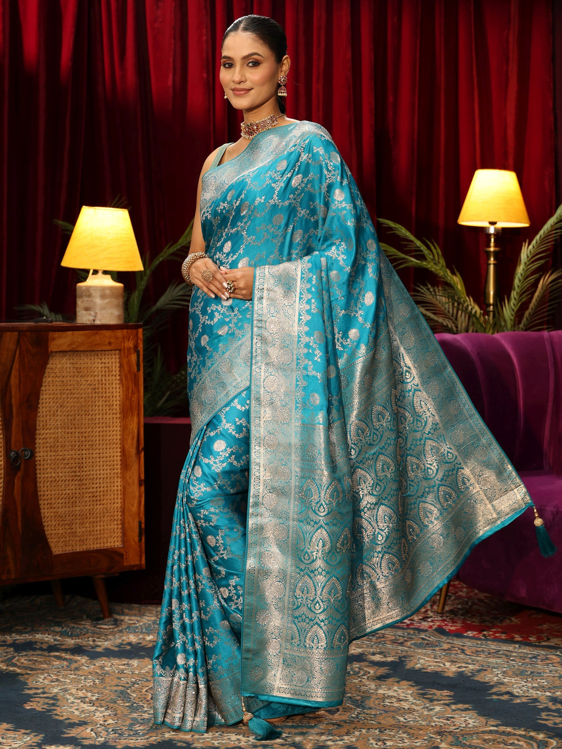 Mameraa Turquoise Blue Banarasi Silk Blend Saree