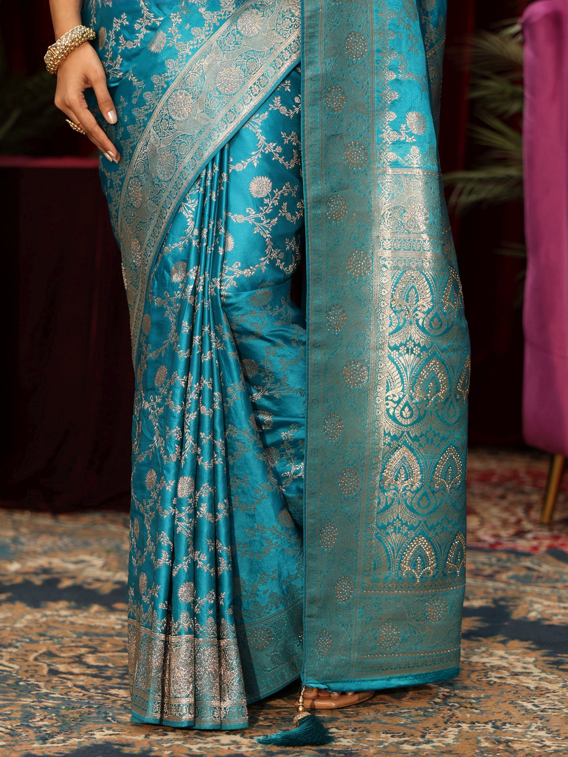 Mameraa Turquoise Blue Banarasi Silk Blend Saree