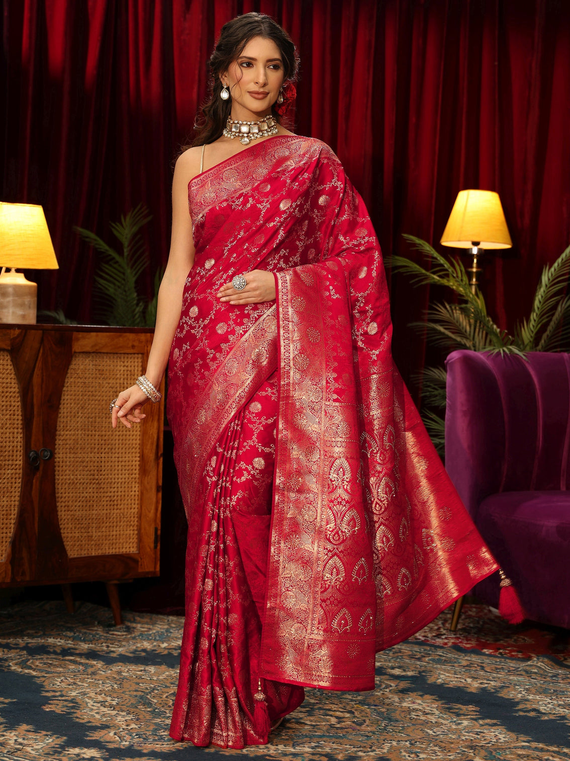 Mameraa Vermilion Red Banarasi Silk Blend Saree