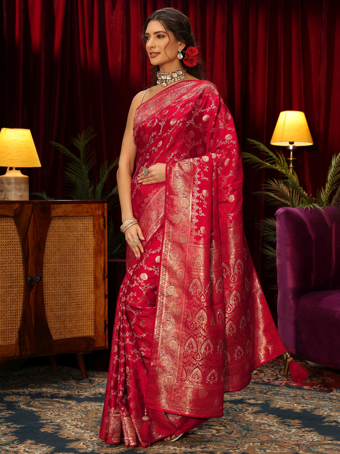 Mameraa Vermilion Red Banarasi Silk Blend Saree