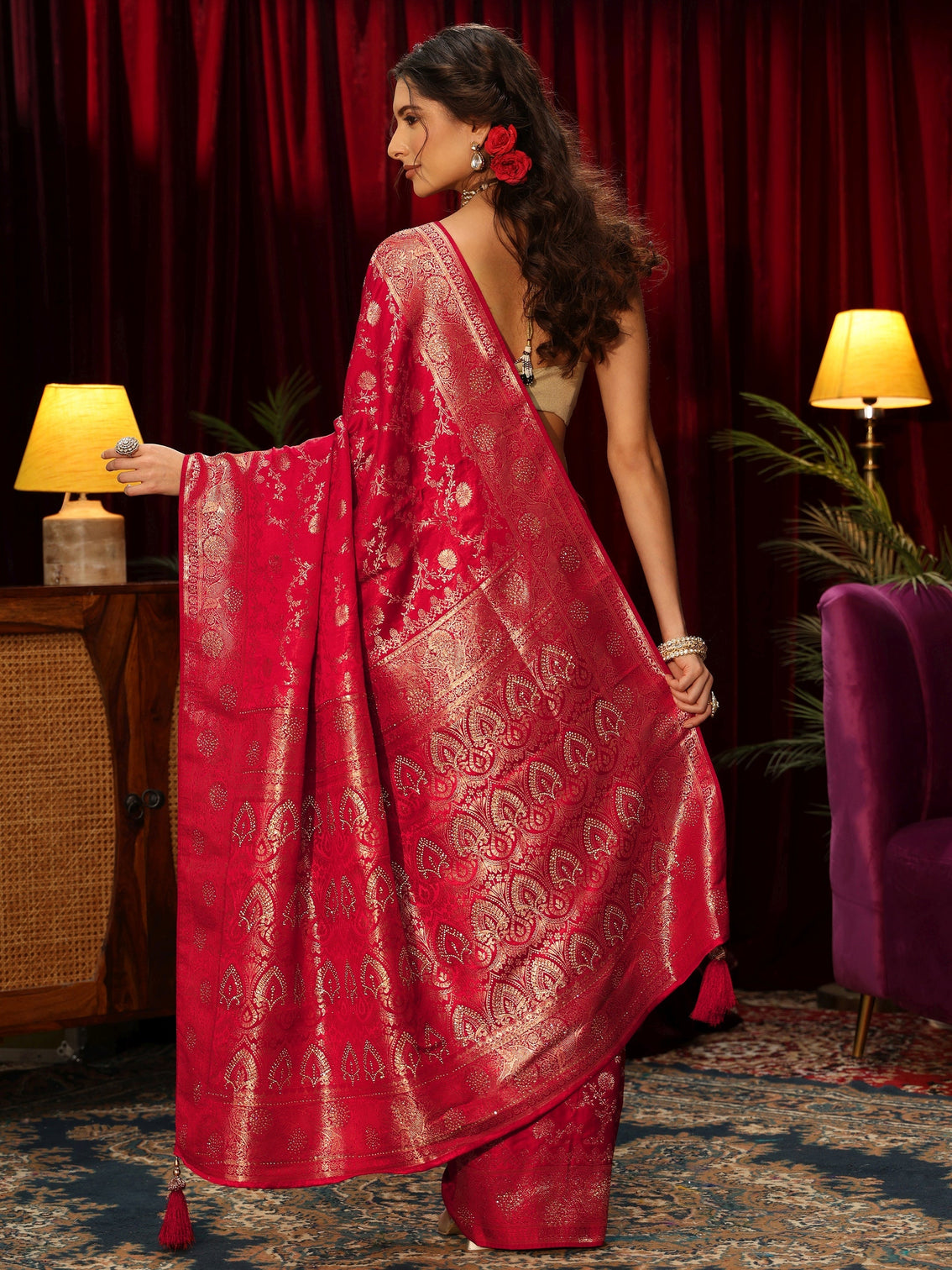 Mameraa Vermilion Red Banarasi Silk Blend Saree