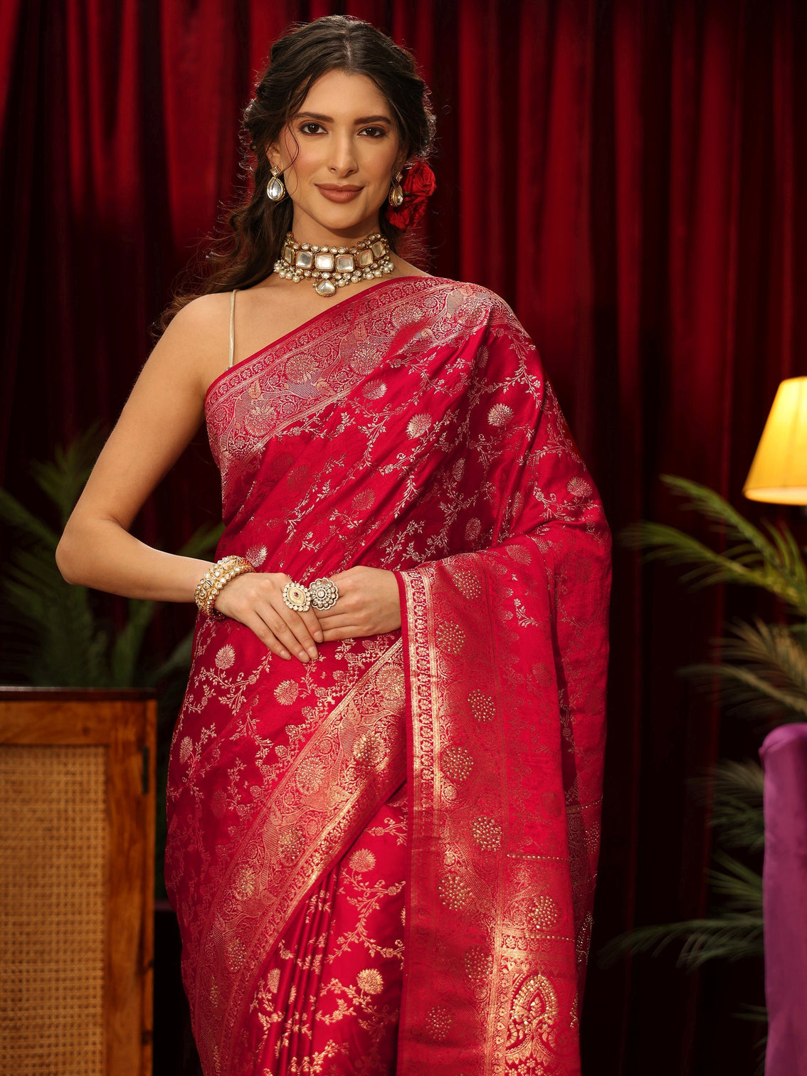 Mameraa Vermilion Red Banarasi Silk Blend Saree