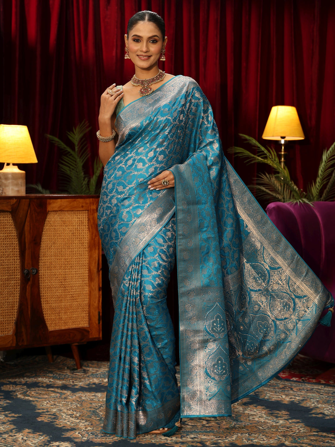 Mameraa Turquoise Blue Banarasi Silk Blend Saree