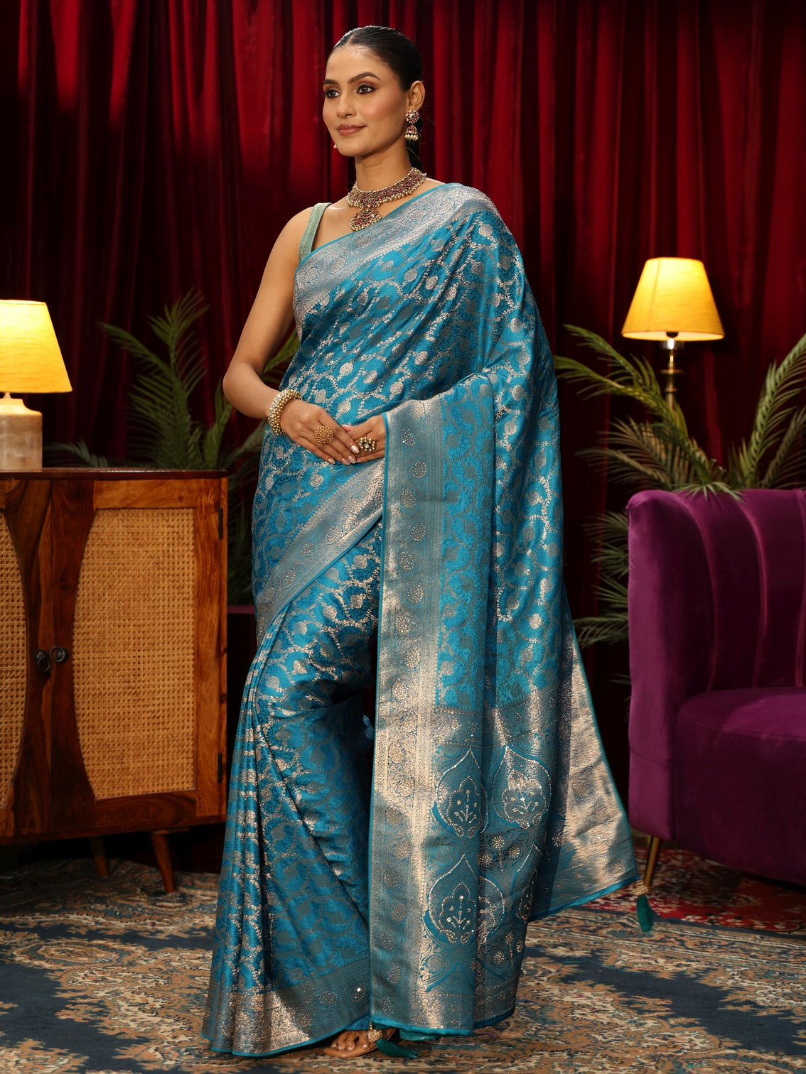 Mameraa Turquoise Blue Banarasi Silk Blend Saree