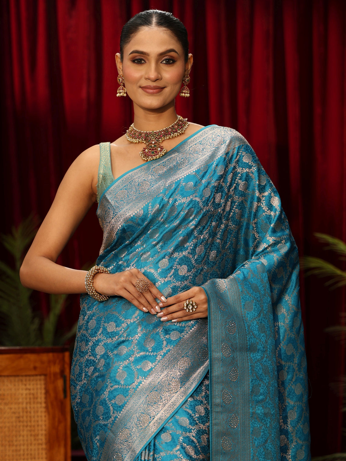 Mameraa Turquoise Blue Banarasi Silk Blend Saree