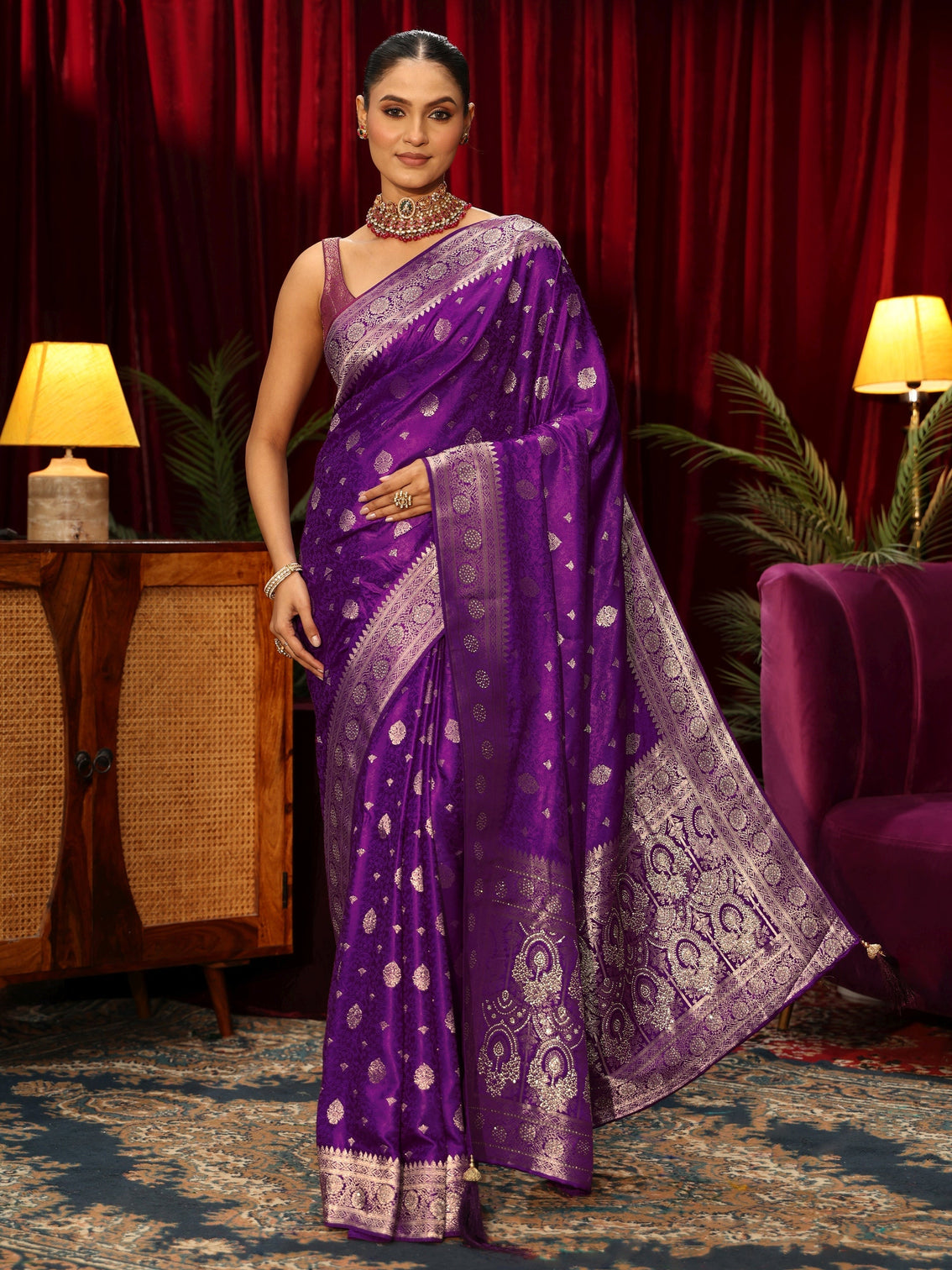 Mameraa Royal Purple Woven Design Silk Blend Saree