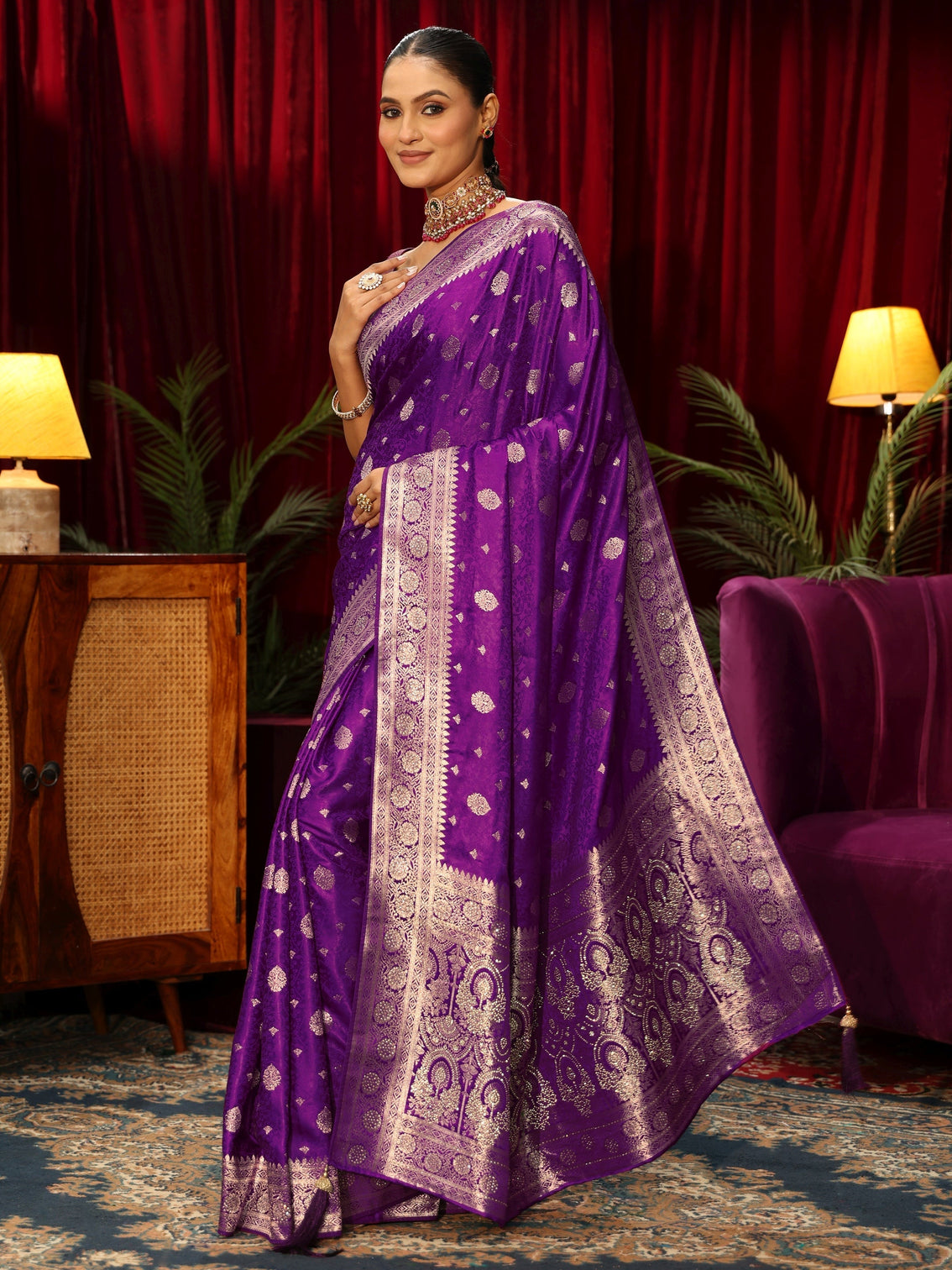 Mameraa Royal Purple Woven Design Silk Blend Saree