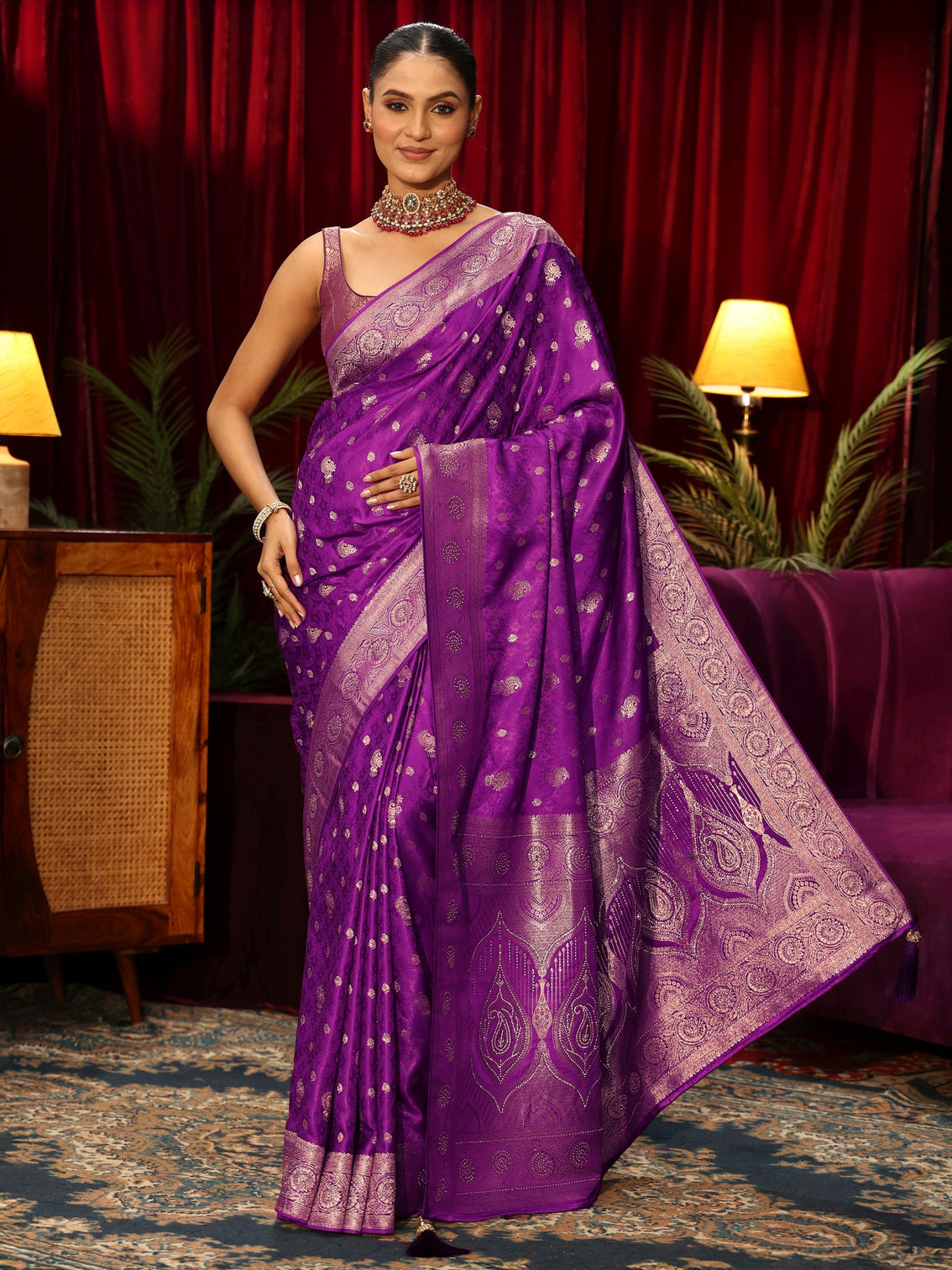 Mameraa Royal Purple Woven Design Silk Blend Saree