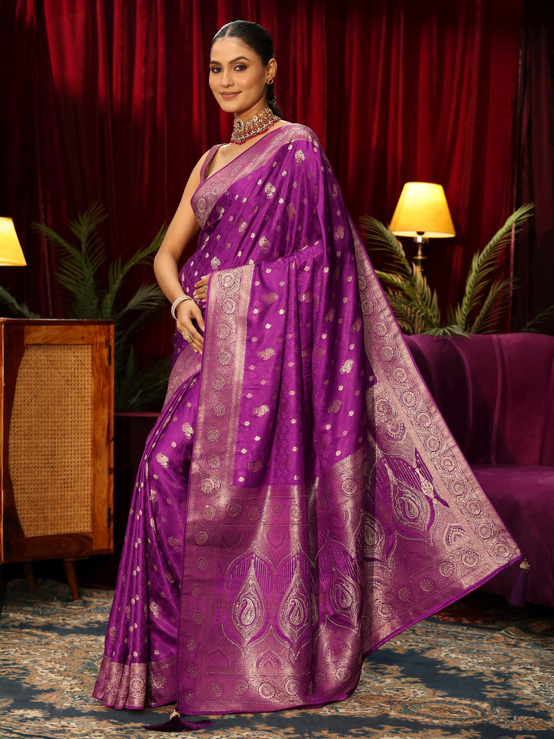 Mameraa Royal Purple Woven Design Silk Blend Saree