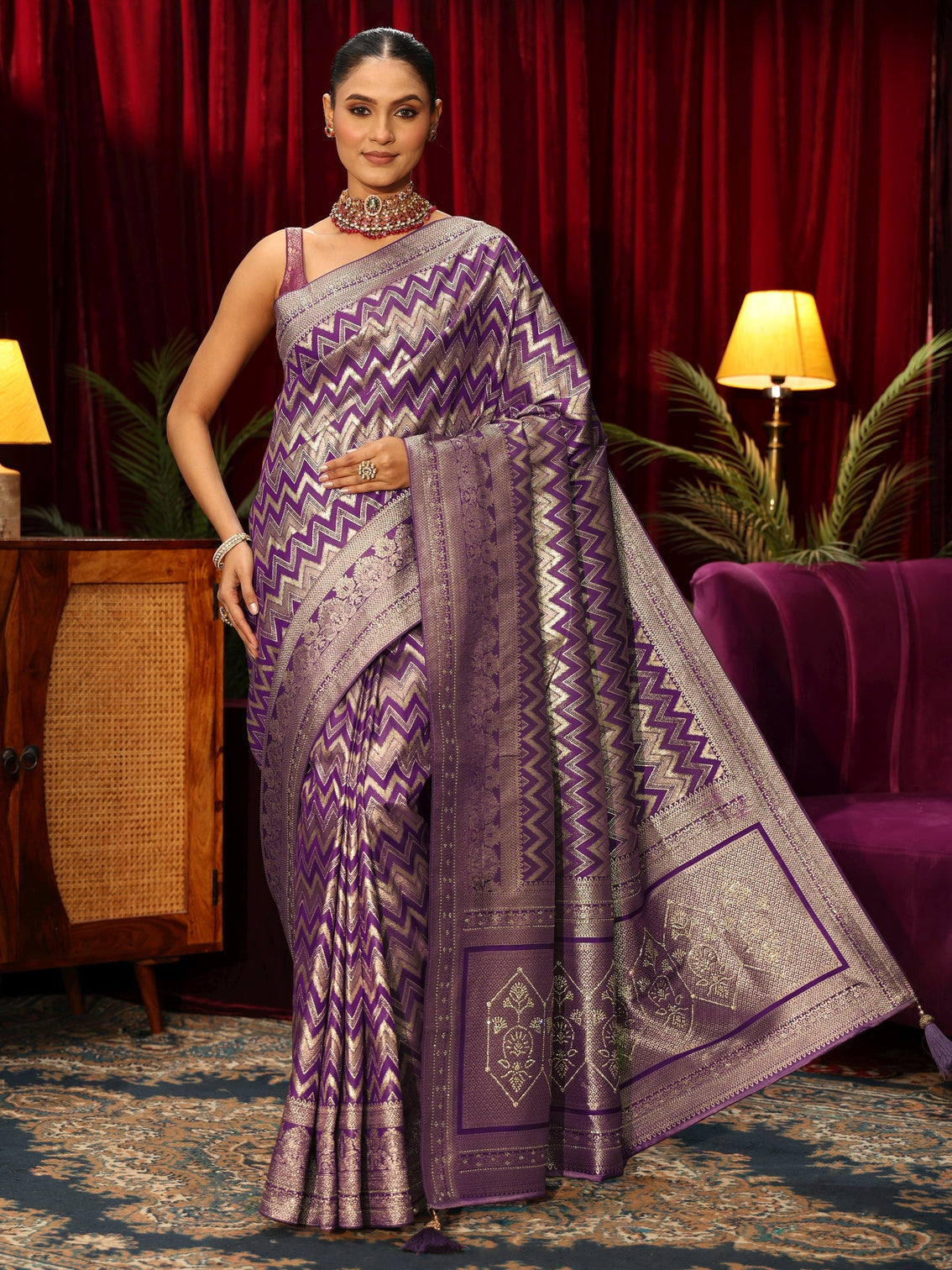Mameraa Purple Chevron Woven Design Silk Blend Saree