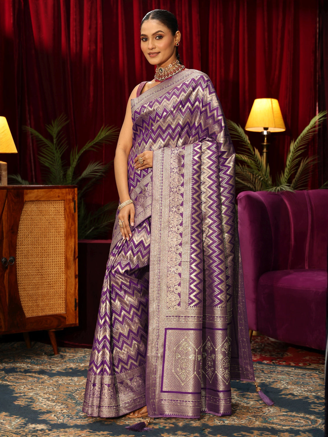 Mameraa Purple Chevron Woven Design Silk Blend Saree