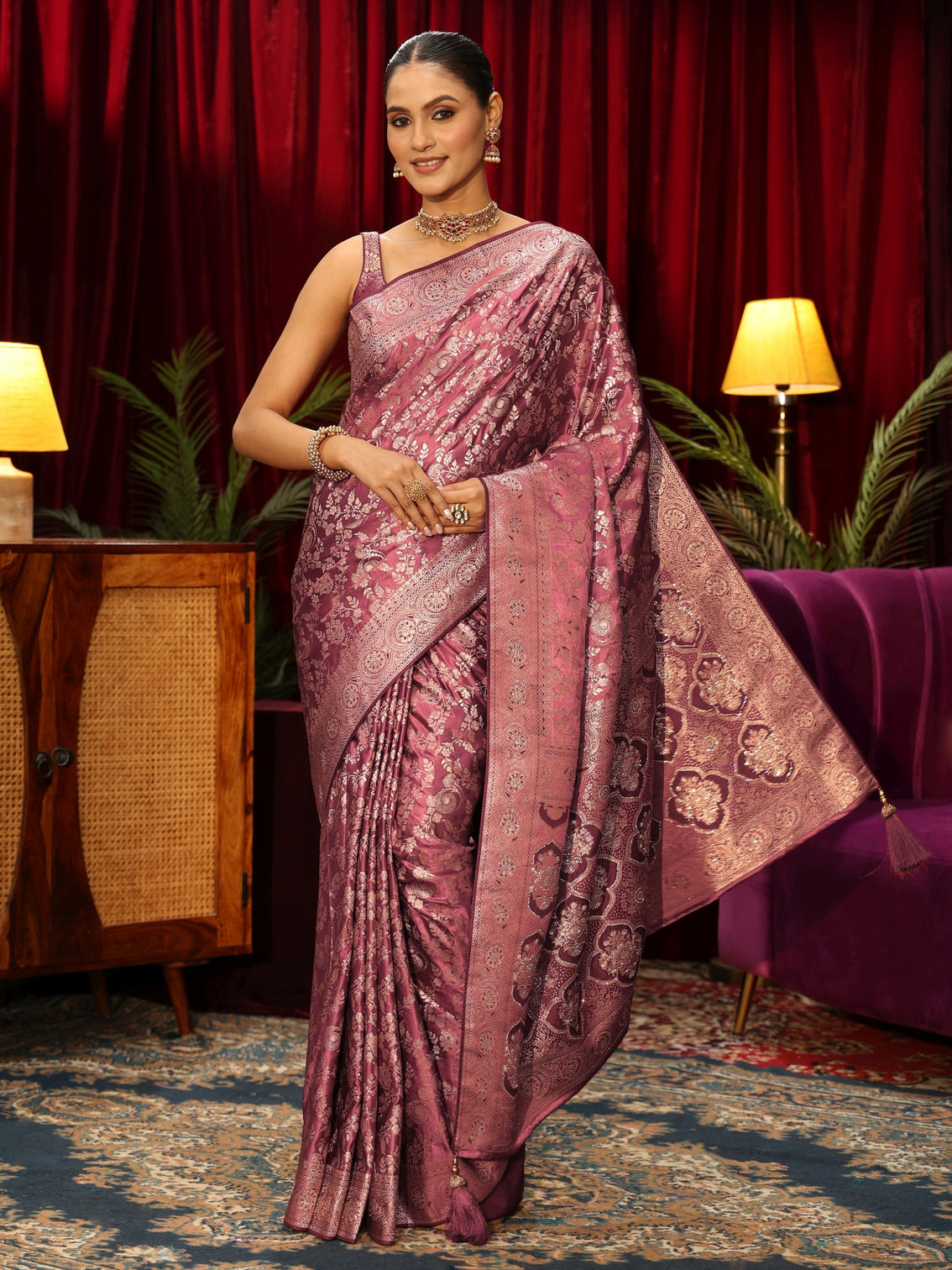 Mameraa Mauve Floral Woven Design Silk Blend Saree