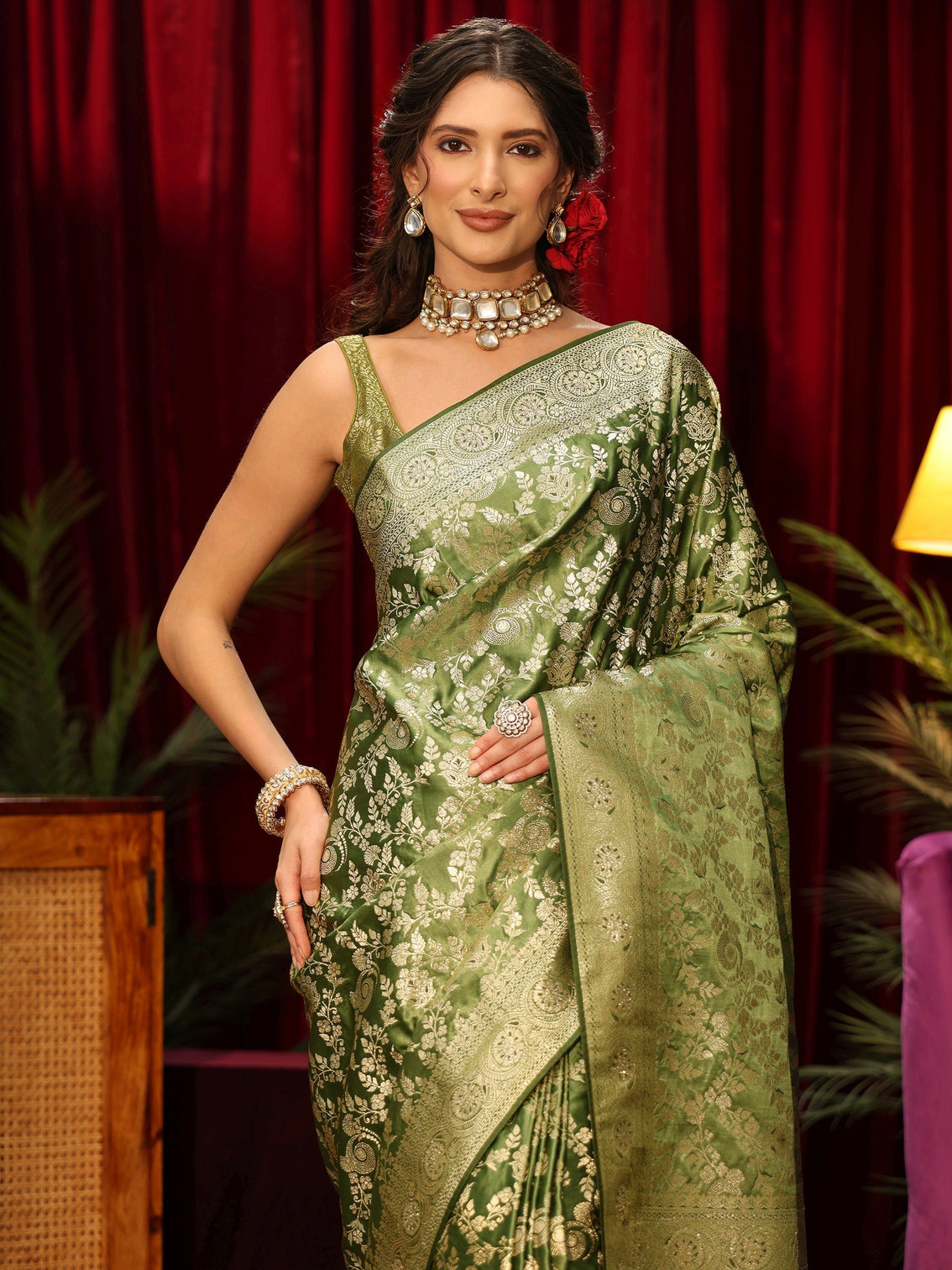Mameraa Olive Green Floral Woven Design Silk Blend Saree
