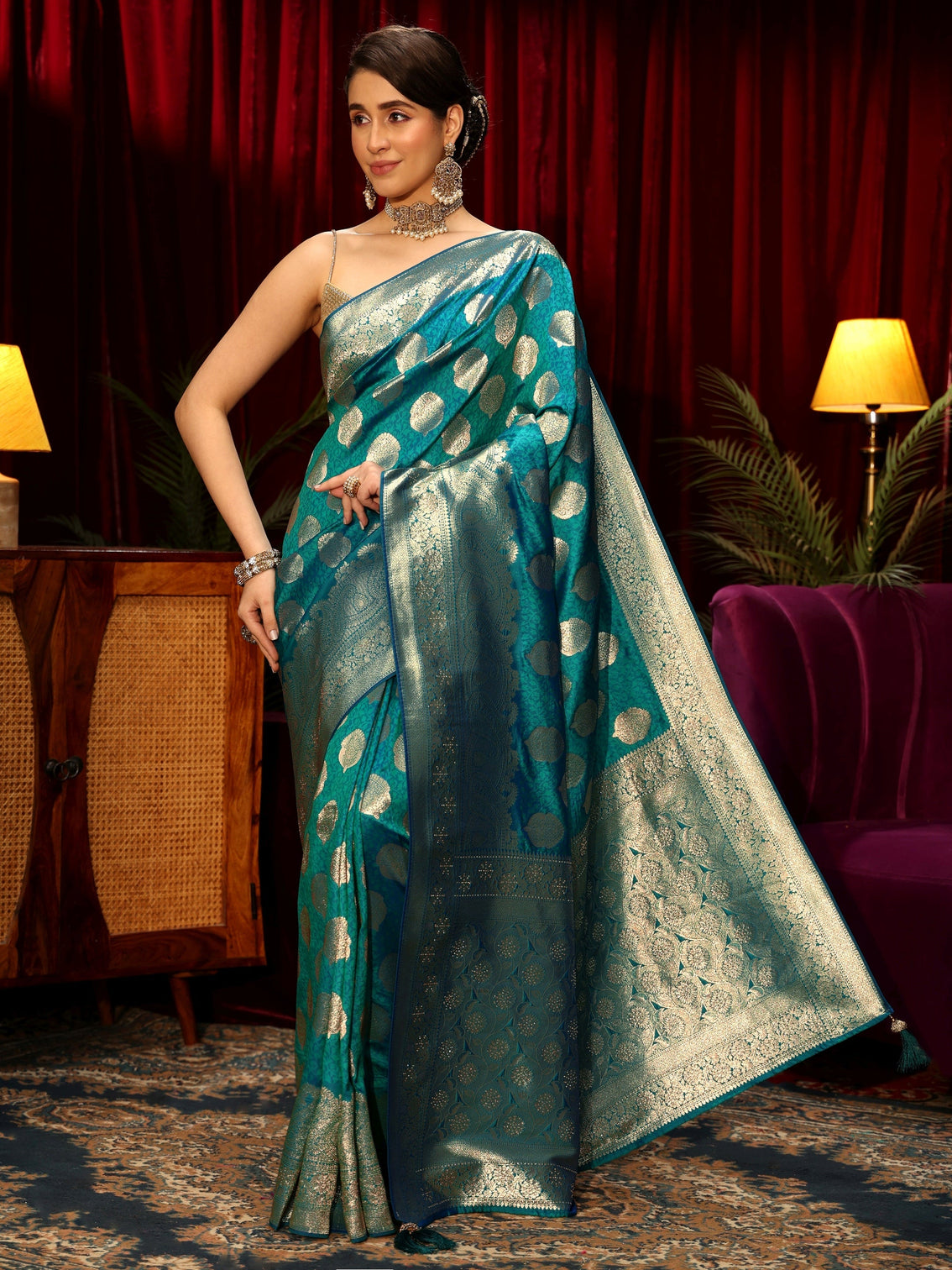 Mameraa Persian Blue Woven Design Silk Blend Saree