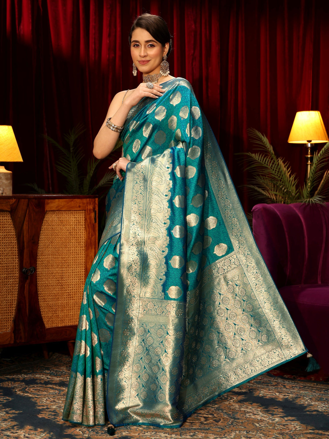 Mameraa Persian Blue Woven Design Silk Blend Saree