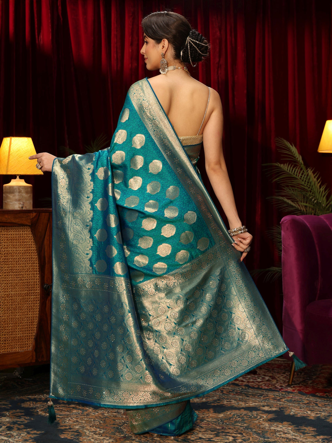 Mameraa Persian Blue Woven Design Silk Blend Saree