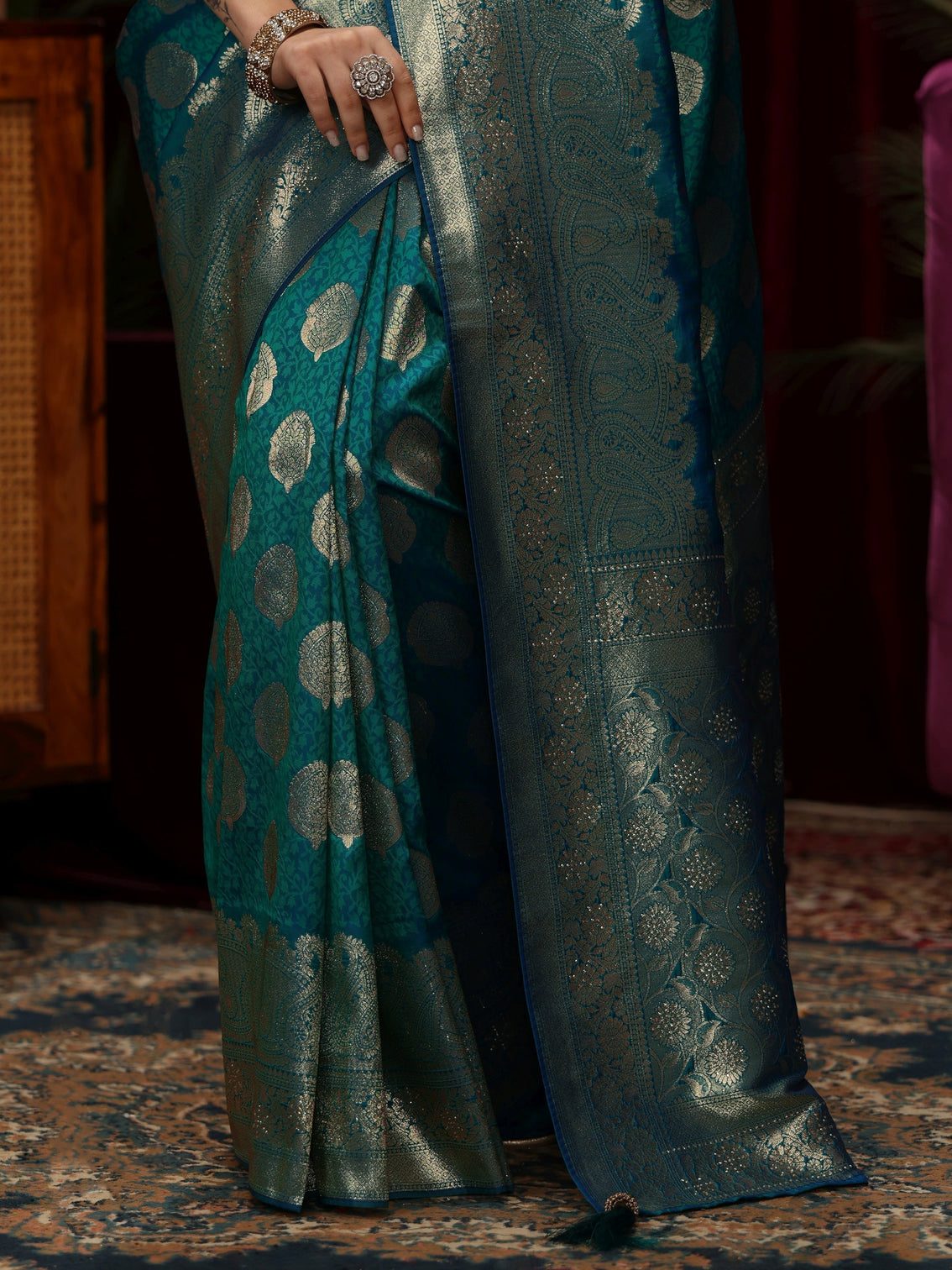 Mameraa Persian Blue Woven Design Silk Blend Saree