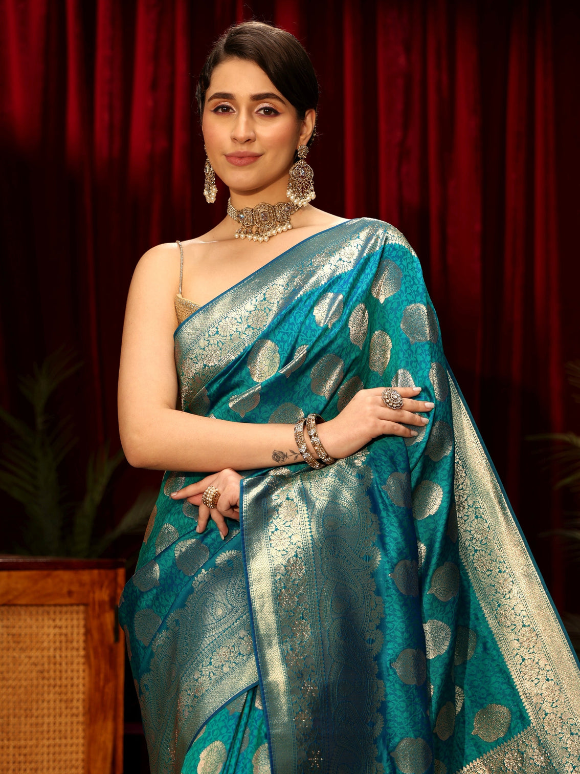 Mameraa Persian Blue Woven Design Silk Blend Saree