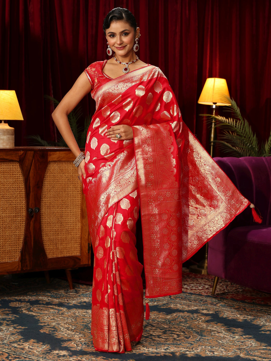 Mameraa Vermillion Red Woven Design Silk Blend Saree