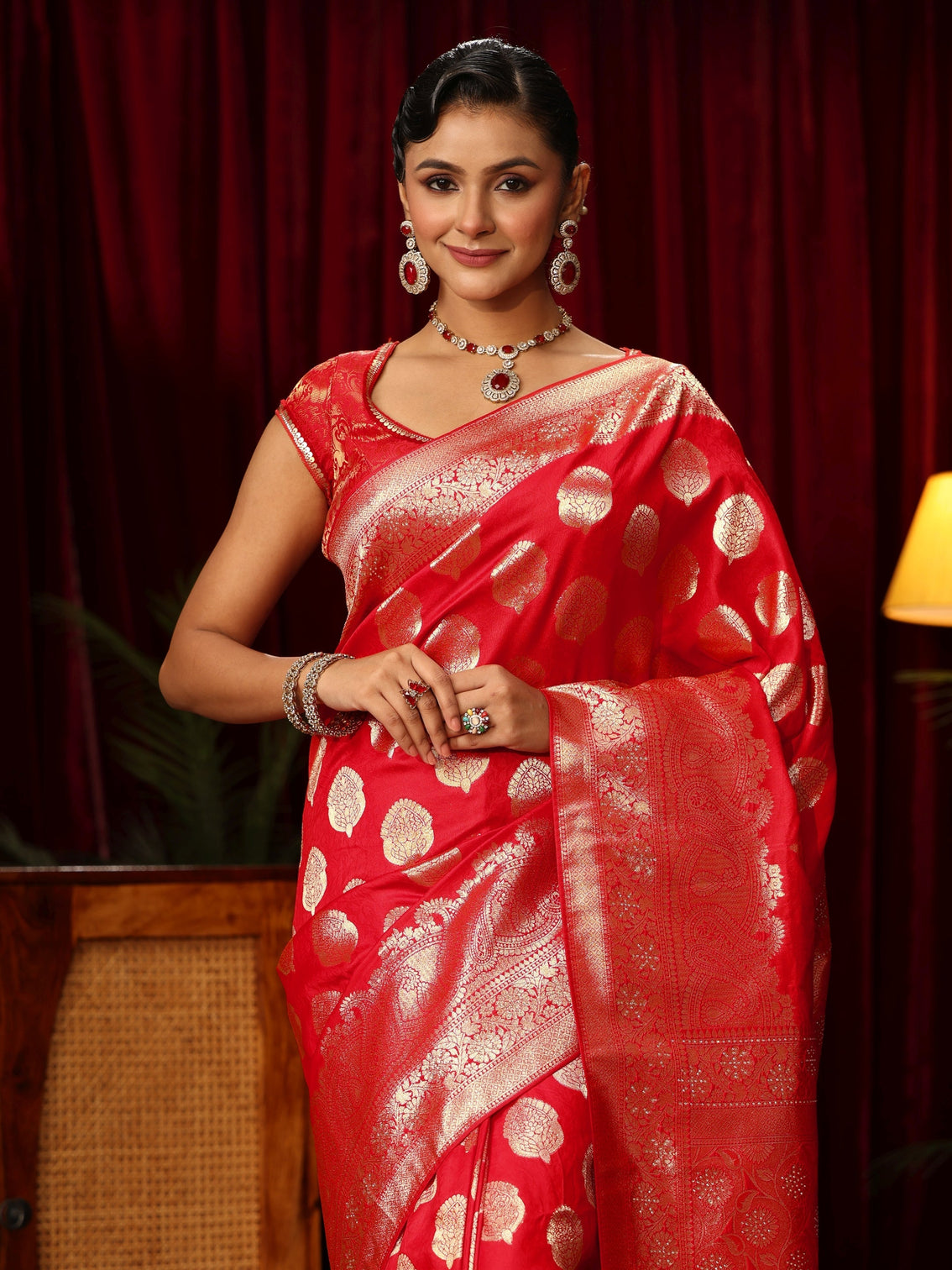 Mameraa Vermillion Red Woven Design Silk Blend Saree