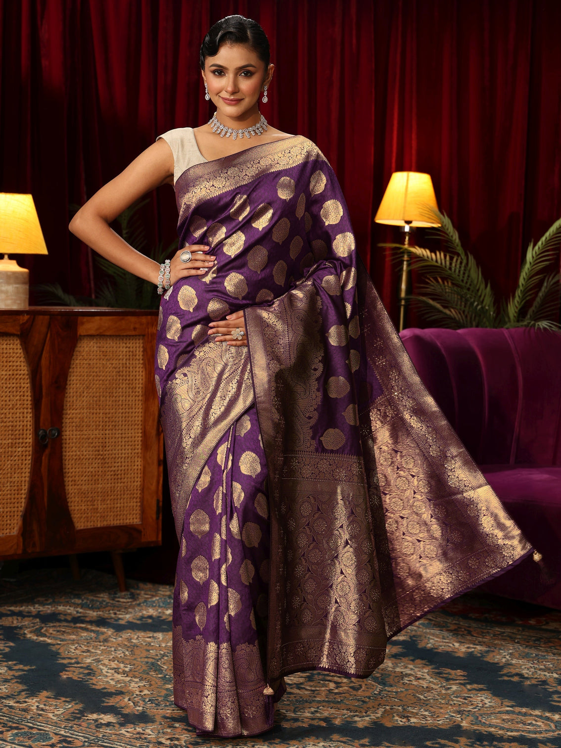 Mameraa Royal Purple Woven Design Silk Blend Saree