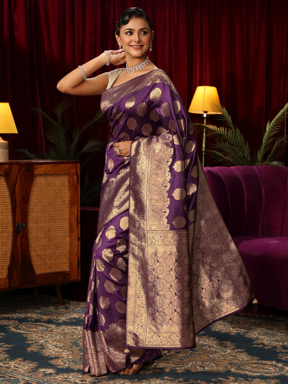 Mameraa Royal Purple Woven Design Silk Blend Saree