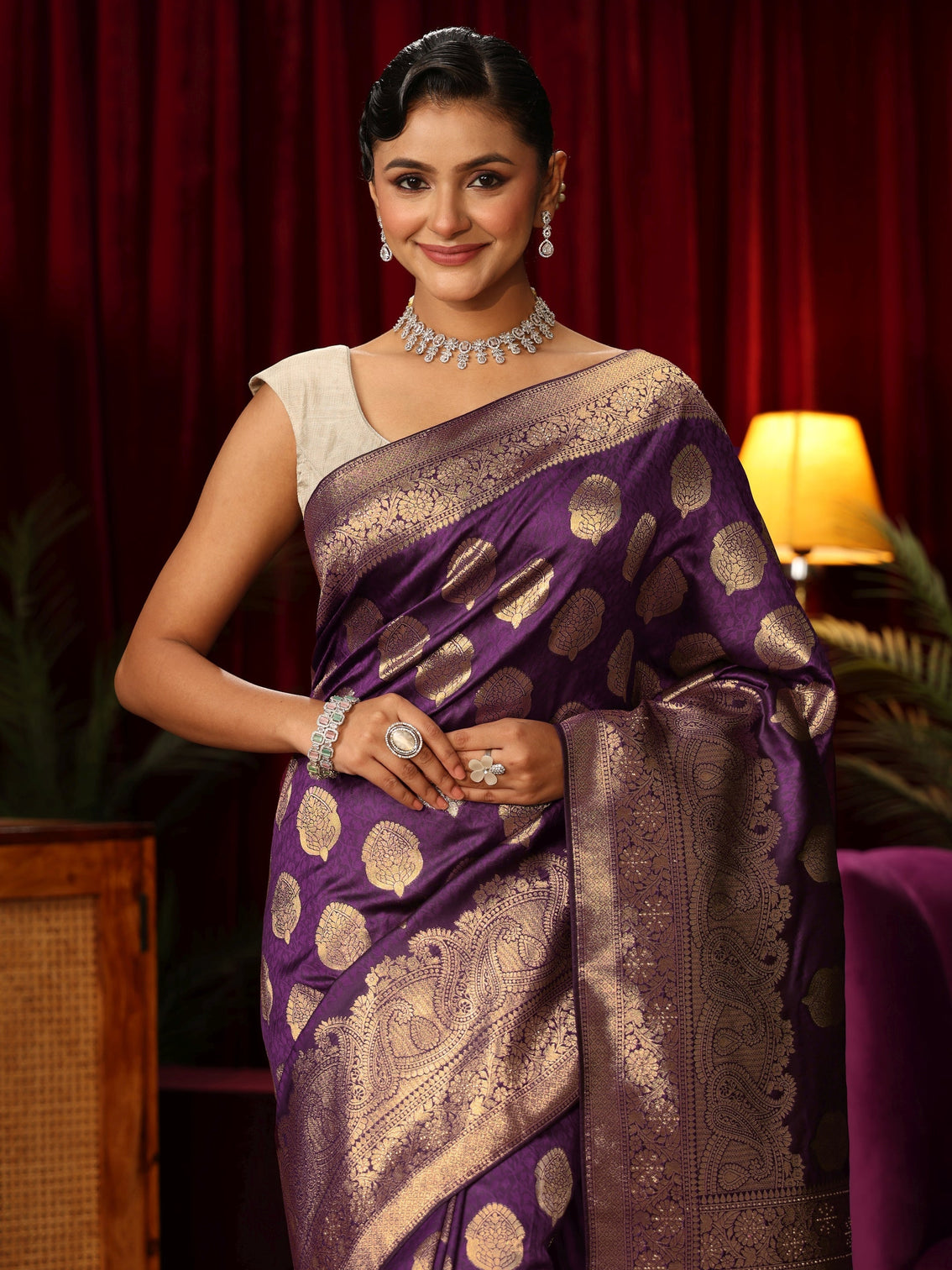 Mameraa Royal Purple Woven Design Silk Blend Saree