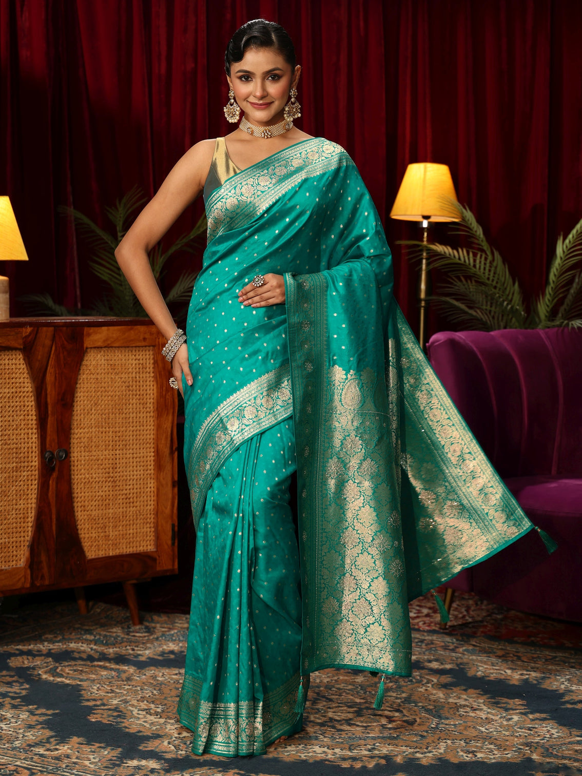 Mameraa Sea Green Banarasi Silk Blend Saree