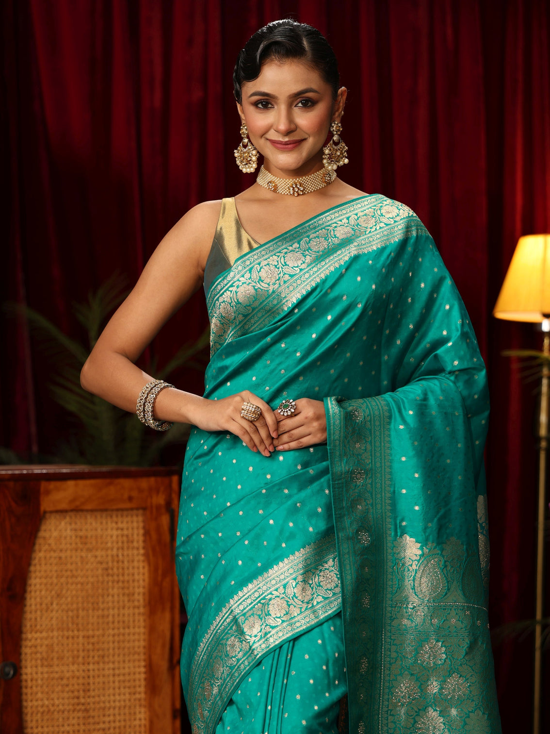 Mameraa Sea Green Banarasi Silk Blend Saree