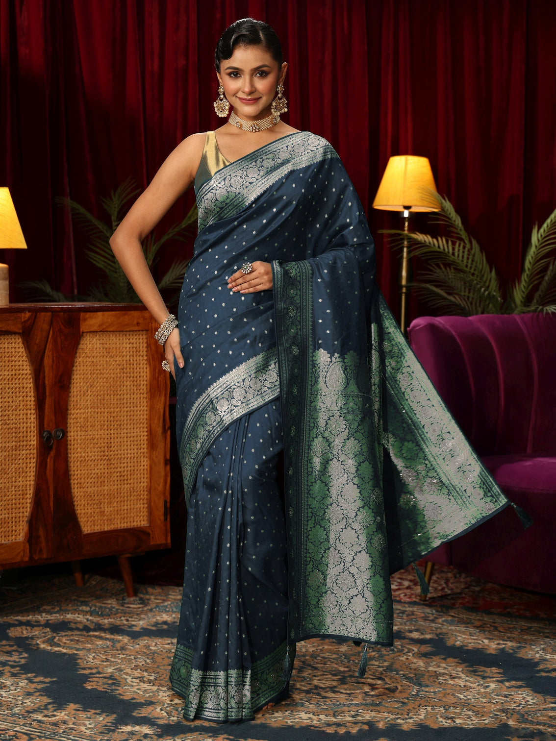 Mameraa Teal Blue Banarasi Silk Blend Saree