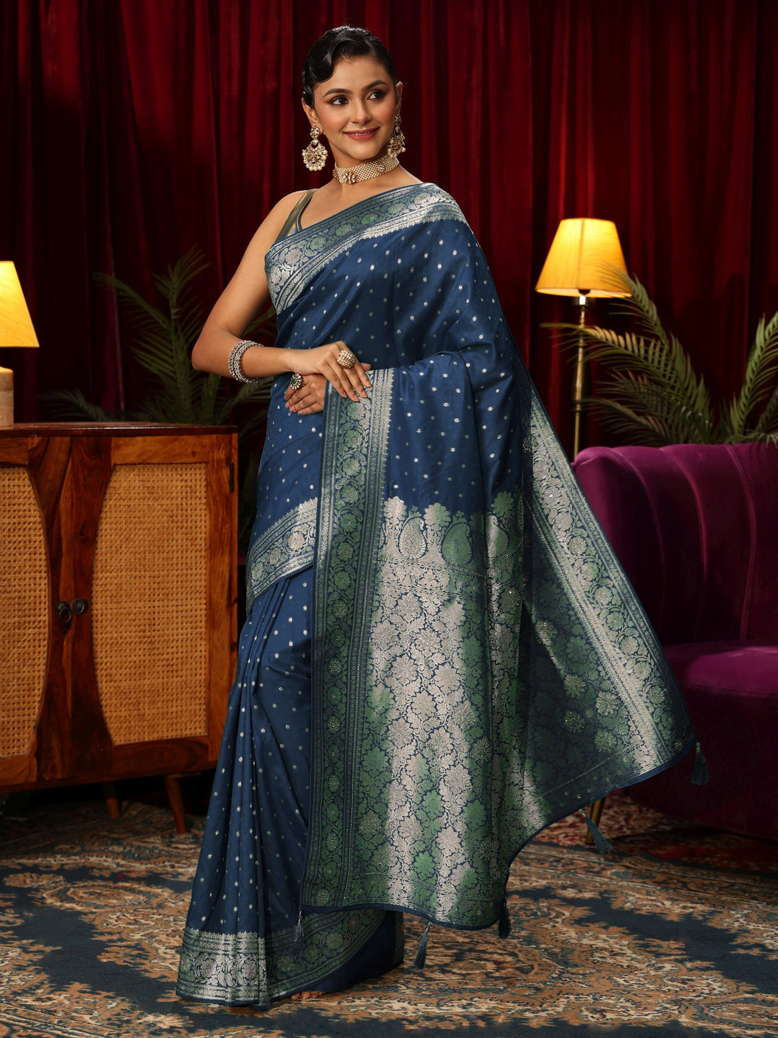 Mameraa Teal Blue Banarasi Silk Blend Saree
