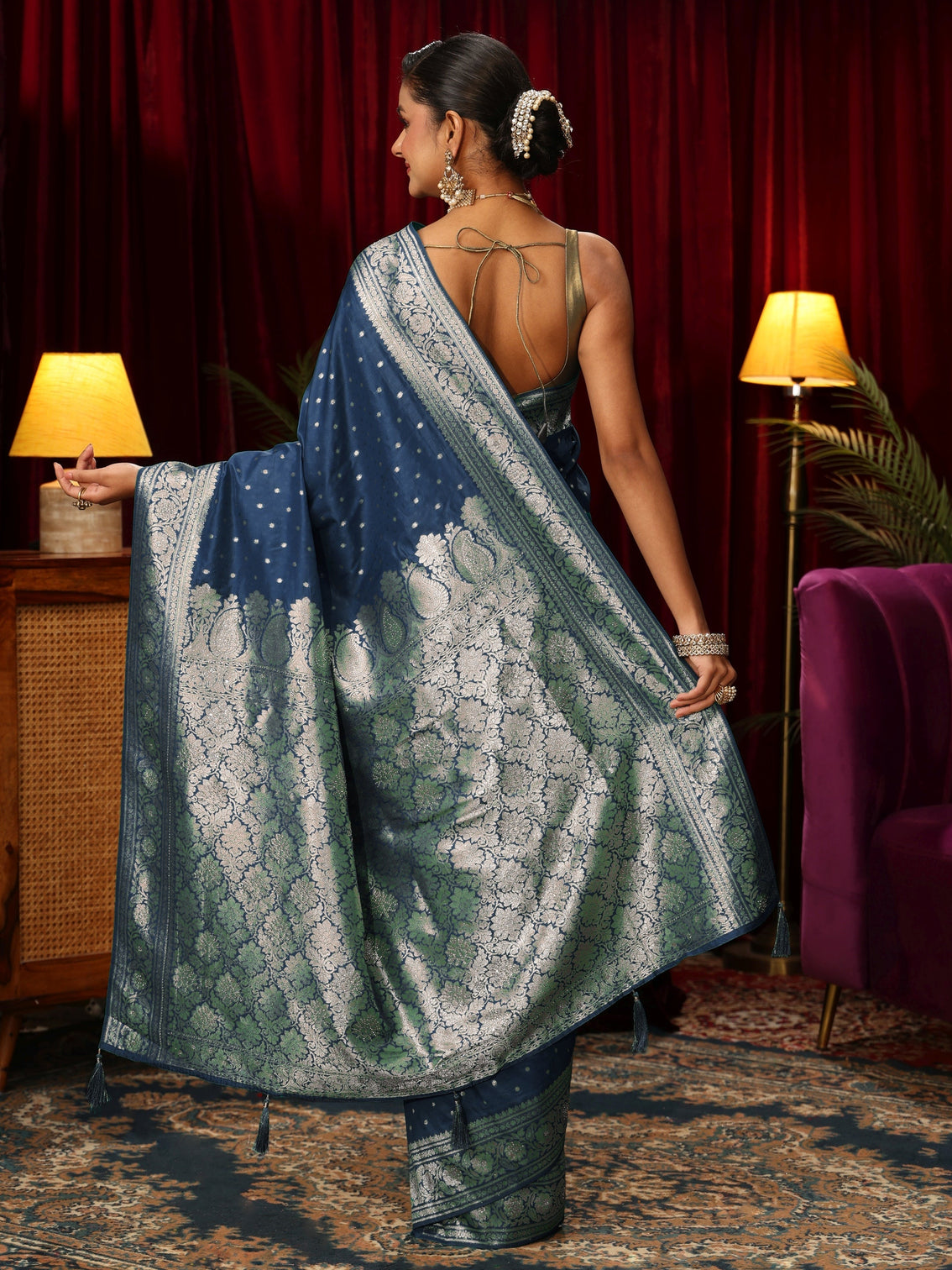 Mameraa Teal Blue Banarasi Silk Blend Saree