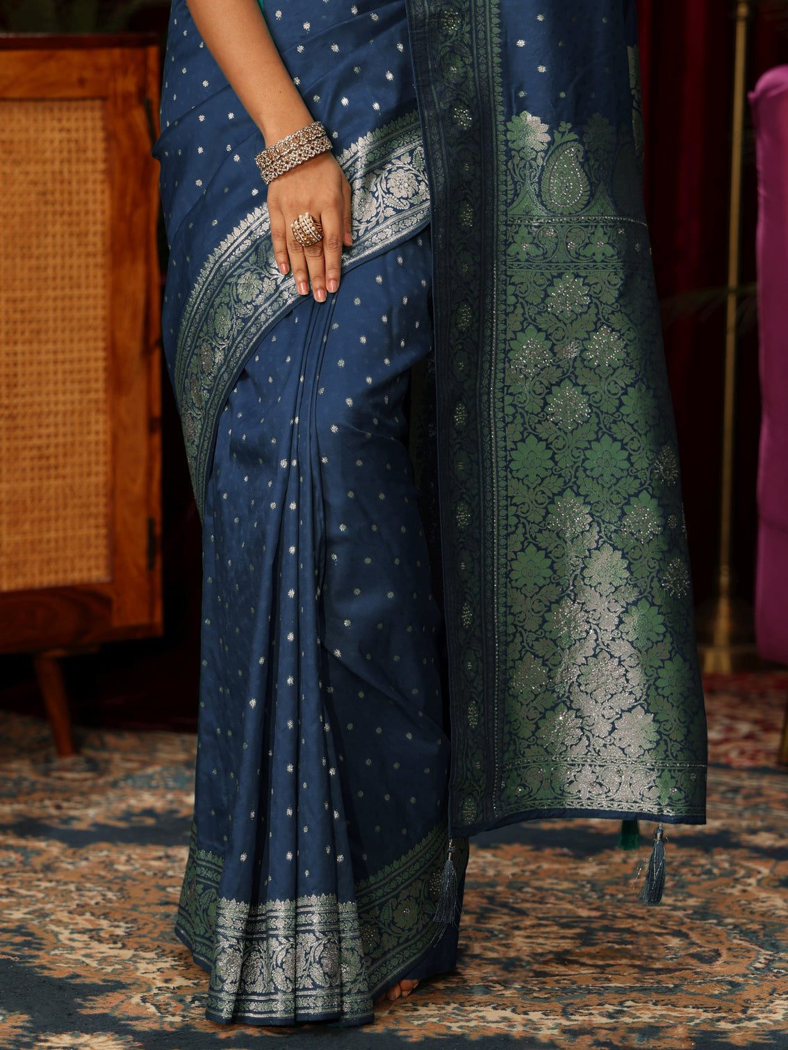 Mameraa Teal Blue Banarasi Silk Blend Saree