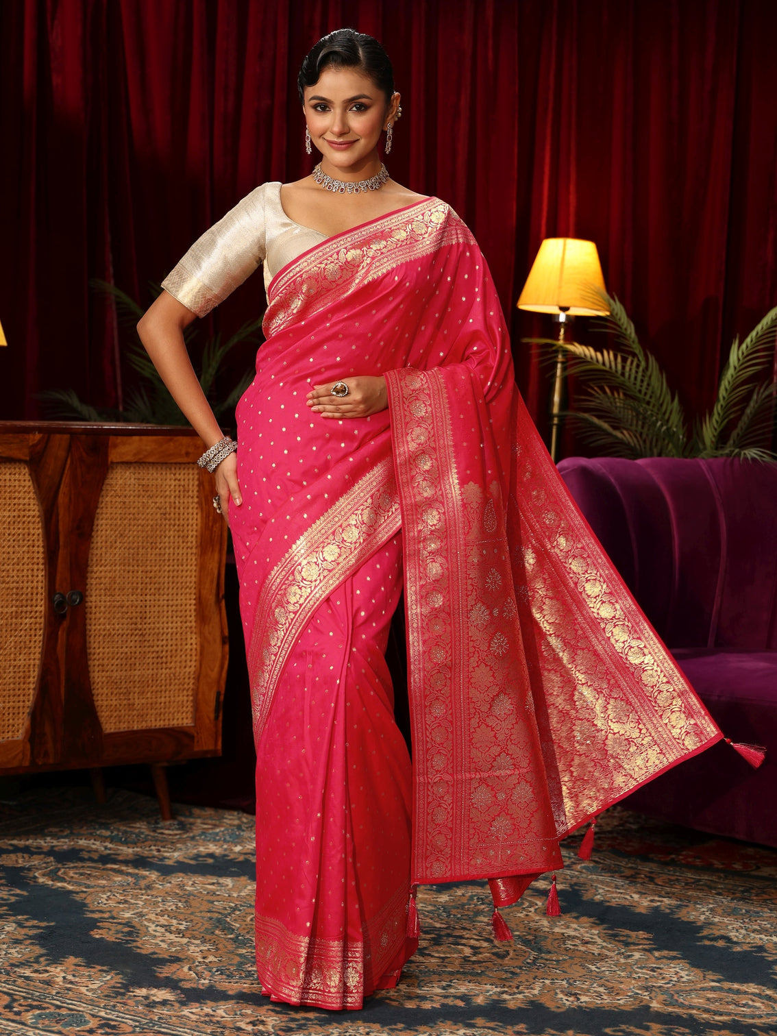 Mameraa Hot Pink Banarasi Silk Blend Saree