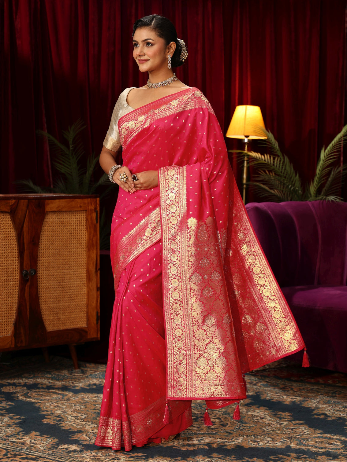 Mameraa Hot Pink Banarasi Silk Blend Saree
