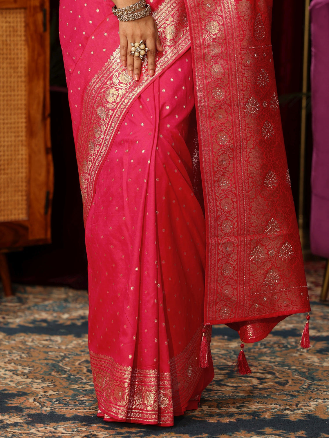 Mameraa Hot Pink Banarasi Silk Blend Saree
