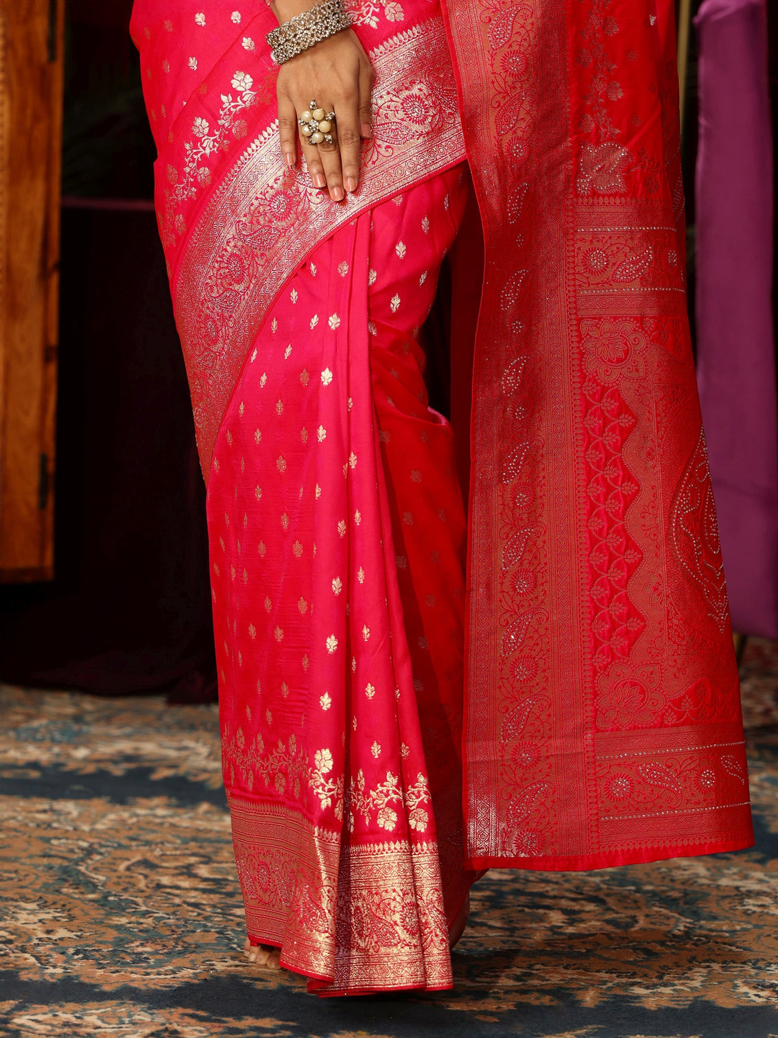 Mameraa Hot Pink Banarasi Silk Blend Saree