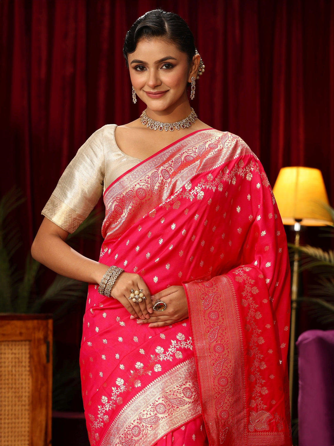 Mameraa Hot Pink Banarasi Silk Blend Saree