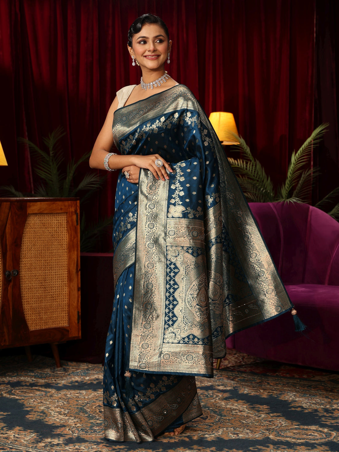Mameraa Navy Blue Banarasi Silk Blend Saree