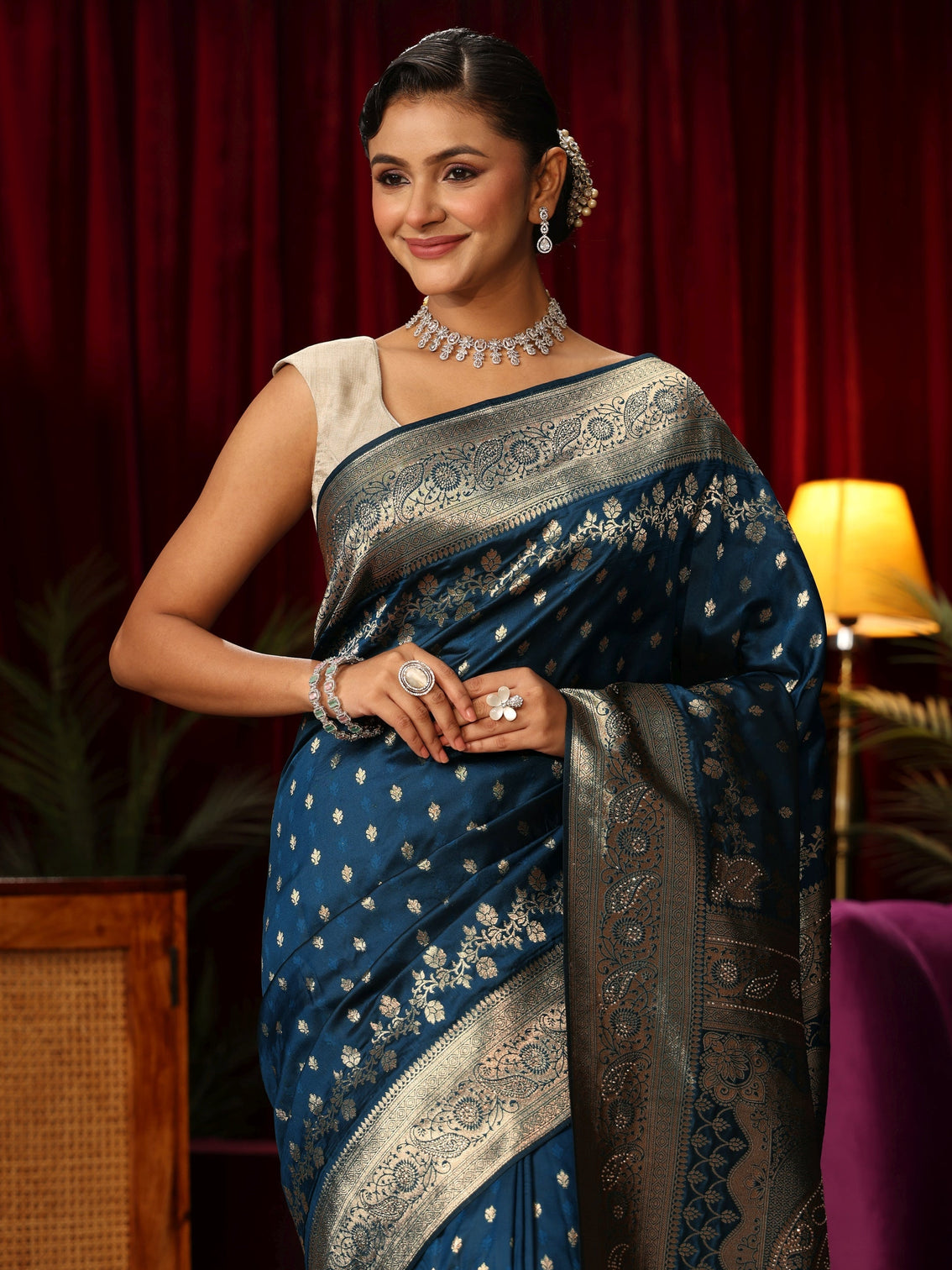 Mameraa Navy Blue Banarasi Silk Blend Saree