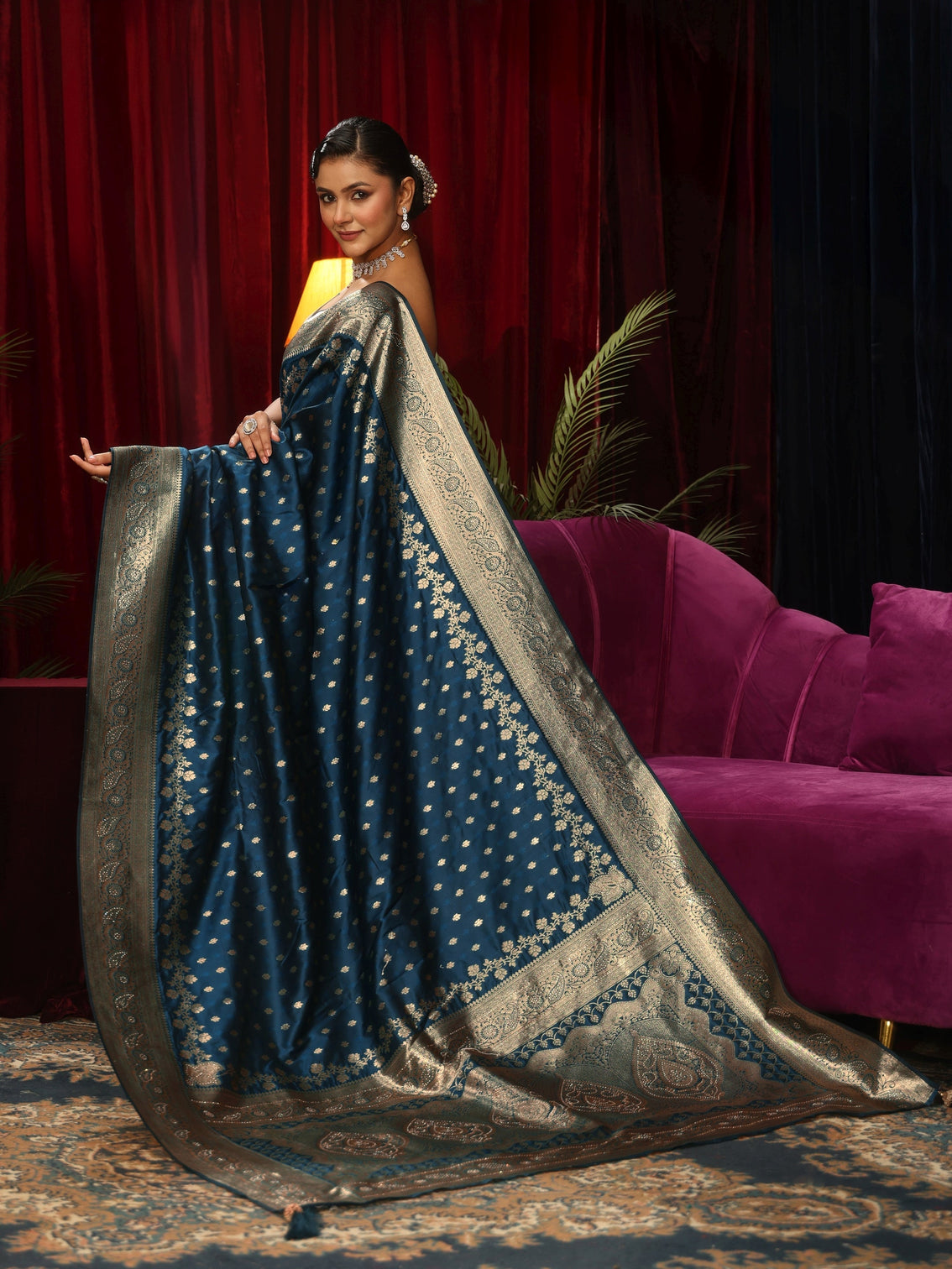 Mameraa Navy Blue Banarasi Silk Blend Saree