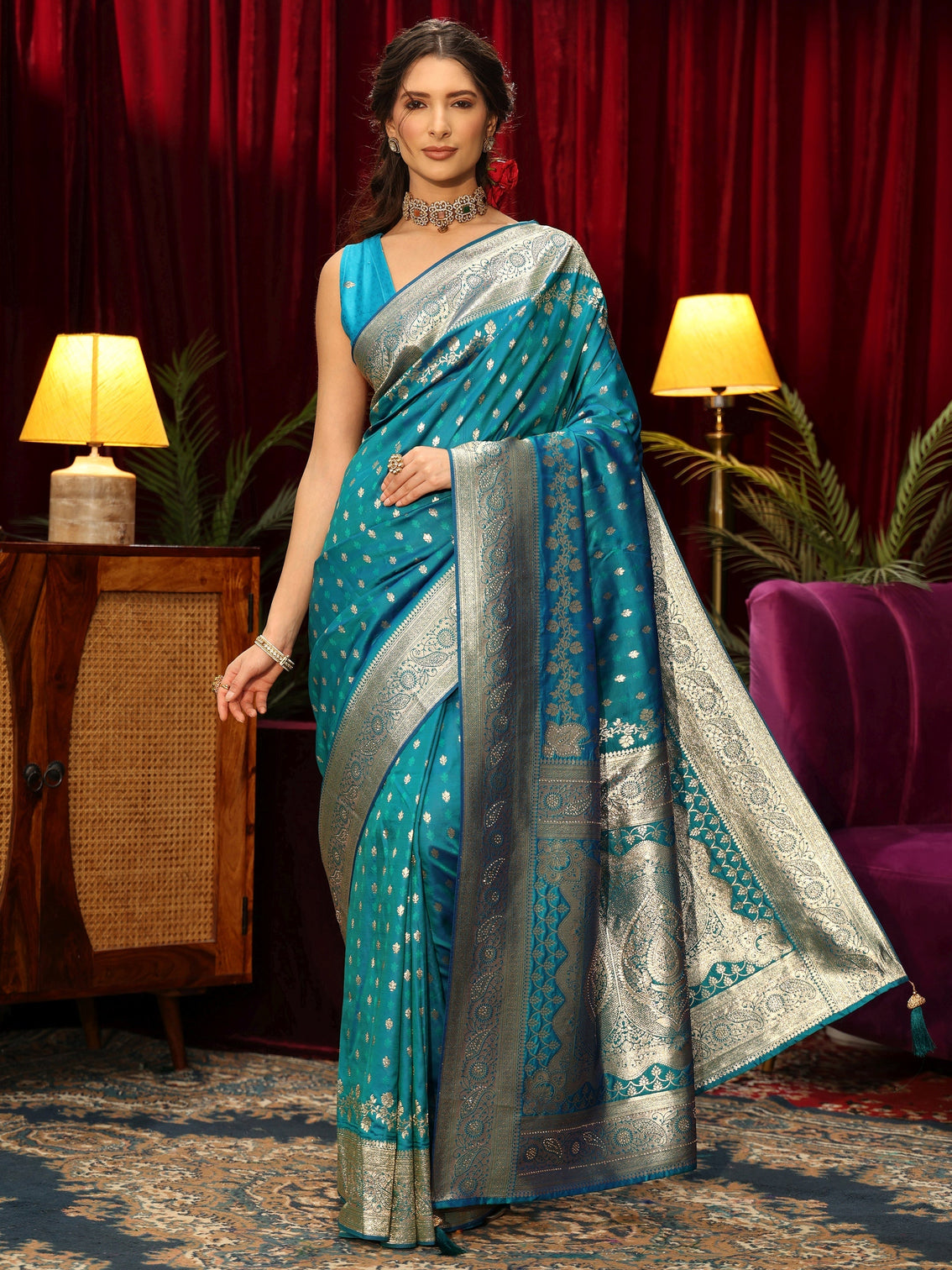 Mameraa Turquoise Blue Woven Design Silk Blend Saree