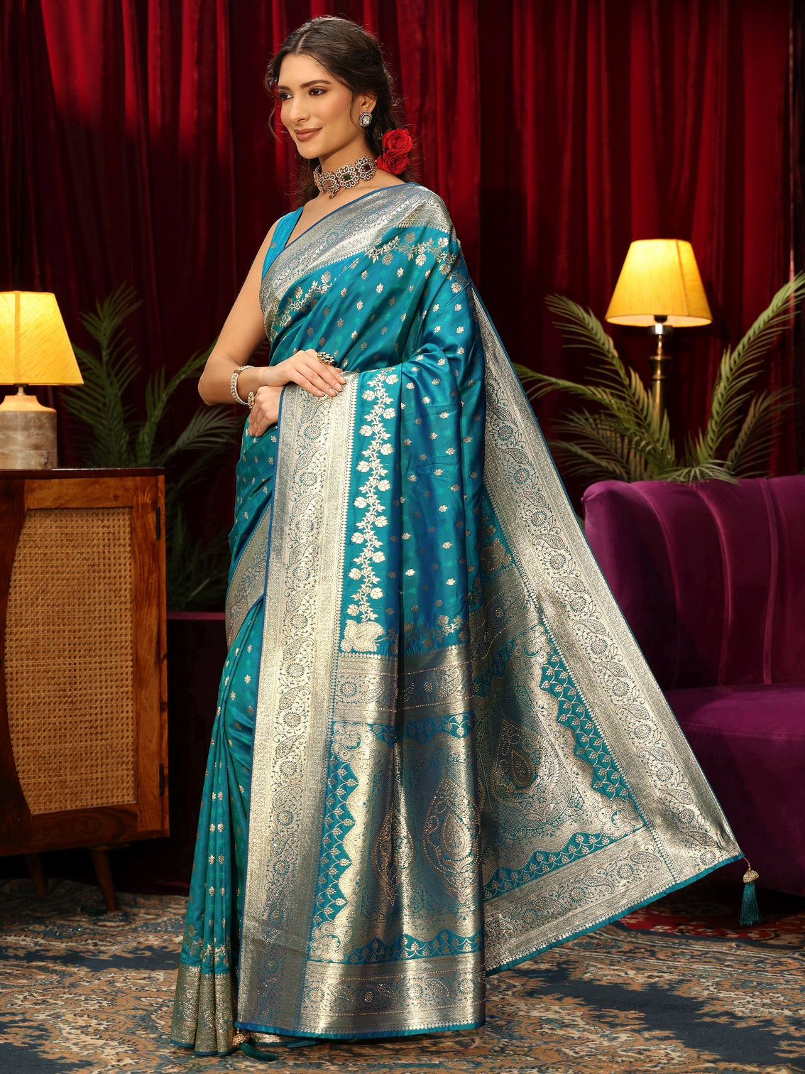 Mameraa Turquoise Blue Woven Design Silk Blend Saree